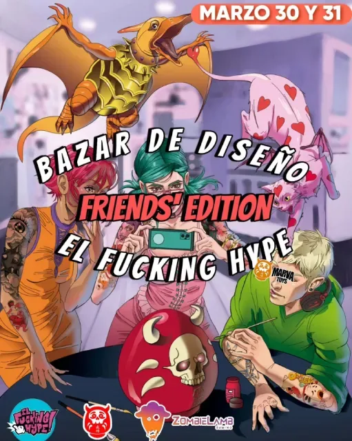 Cartel del bazar de diseño Friends Edition: tres personajes tatuados pintando art toys en una mesa, con un pterodáctilo dorado y un gato rosa volando