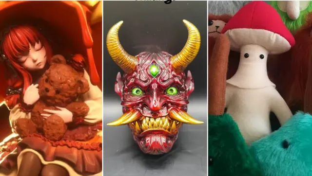 Tres art toys de la feria de creadores El Fucking Hype: una muñeca pelirroja con un oso de peluche, una máscara oni roja con cuernos dorados y un peluche de hongo blanco