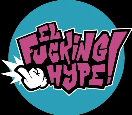 Logotipo de El Fucking Hype en letras rosas sobre un círculo turquesa, con una mano de guante blanco tronando los dedos, en la colección de Galería Sala Marte